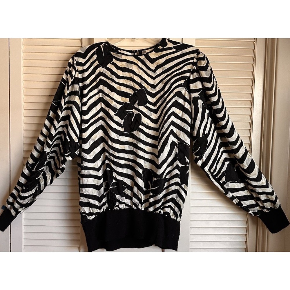 Neiman Marcus Top Women Sz 14 Black Cream Abstract Blouse Vintage Elastic Bottom
